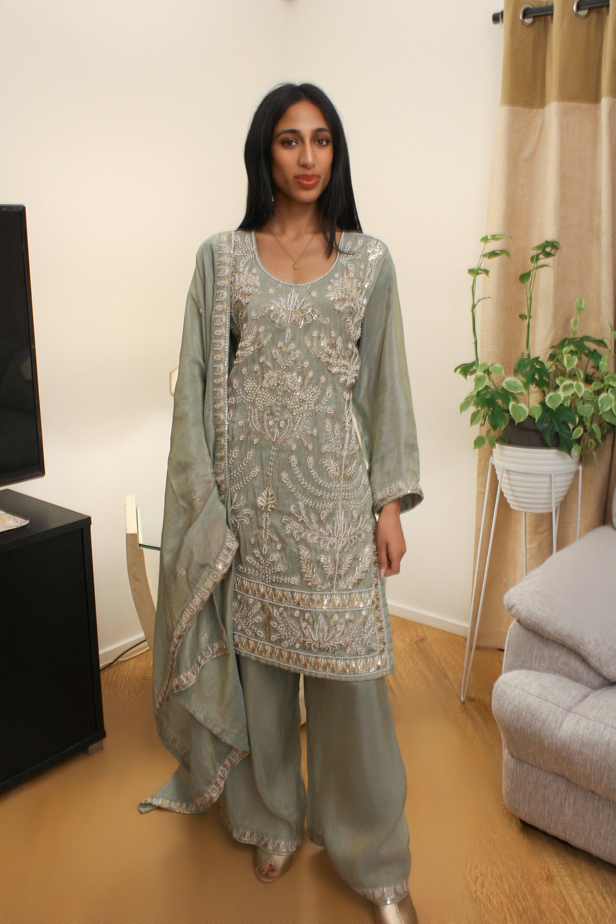 Sage Kurta Set with Pearl & Thread Embroidery