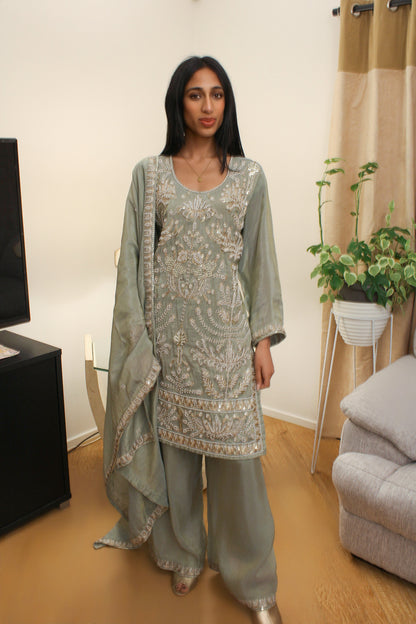 Sage Kurta Set with Pearl & Thread Embroidery