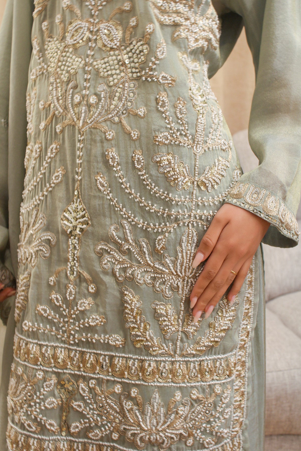 Sage Kurta Set with Pearl & Thread Embroidery