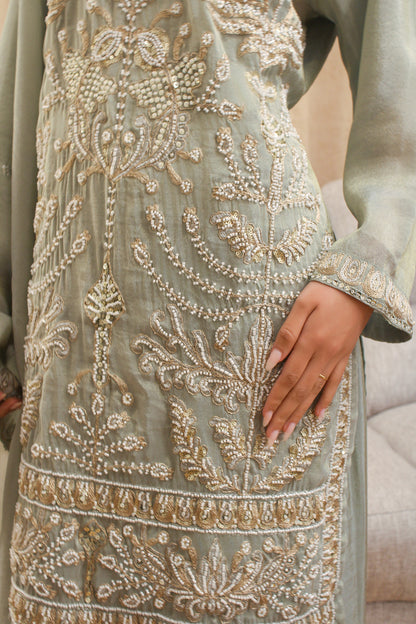 Sage Kurta Set with Pearl & Thread Embroidery