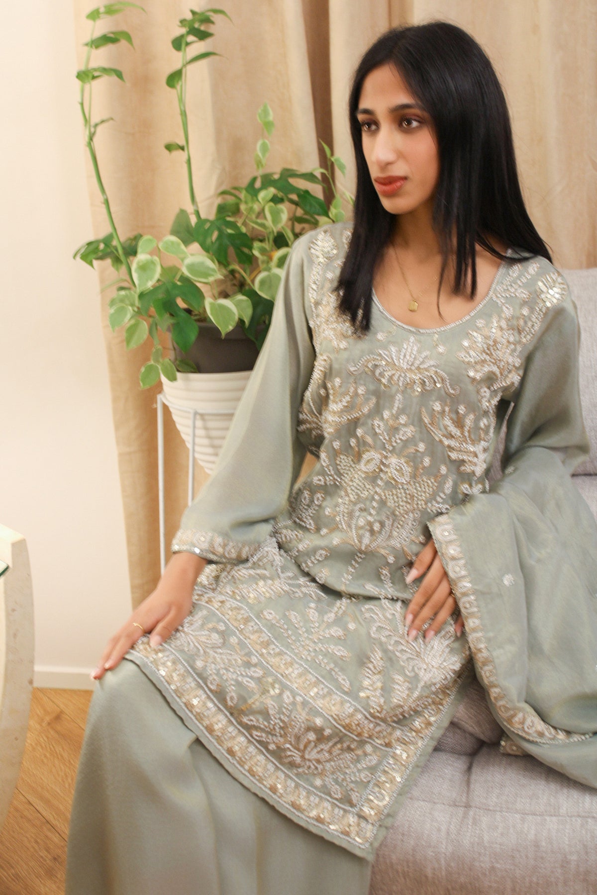 Sage Kurta Set with Pearl & Thread Embroidery