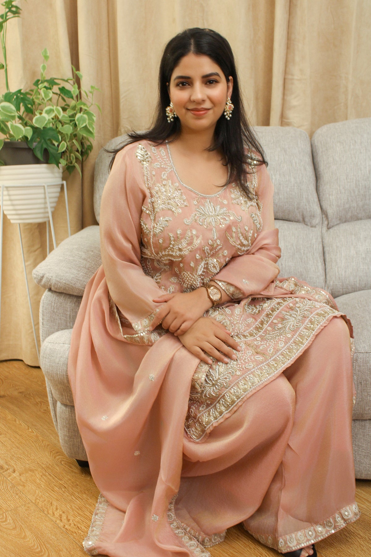 Blush Peach Suit with Silver Embroidery & Pearl-Work Dupatta
