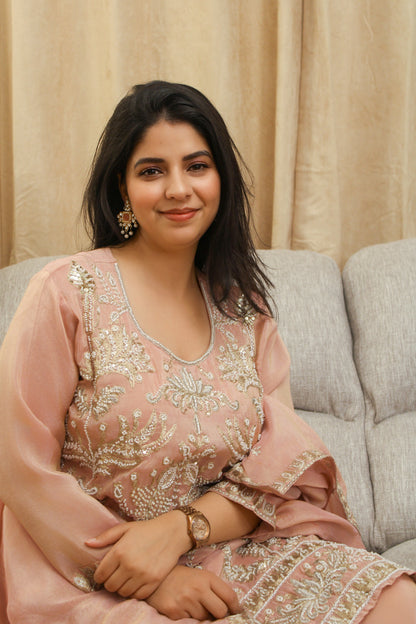 Blush Peach Suit with Silver Embroidery & Pearl-Work Dupatta