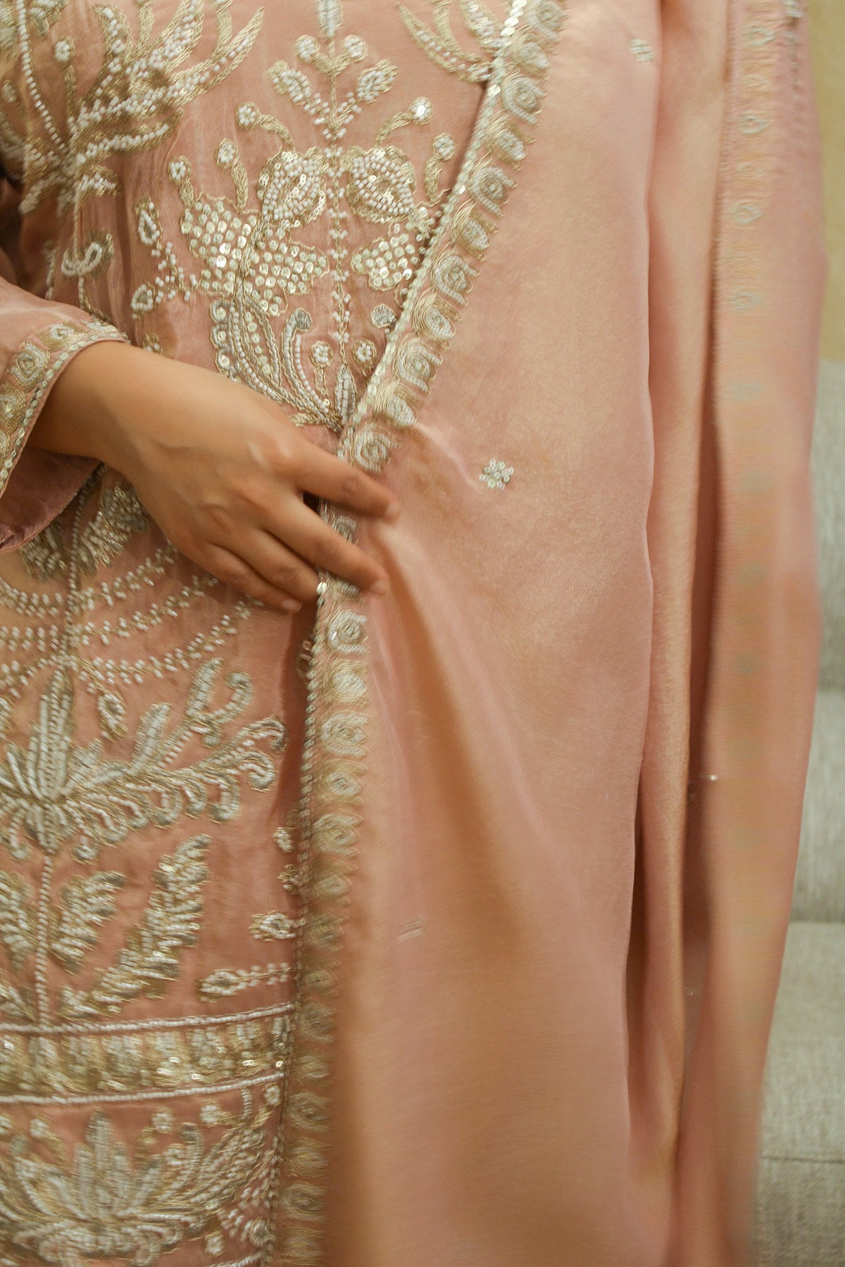 Blush Peach Suit with Silver Embroidery & Pearl-Work Dupatta
