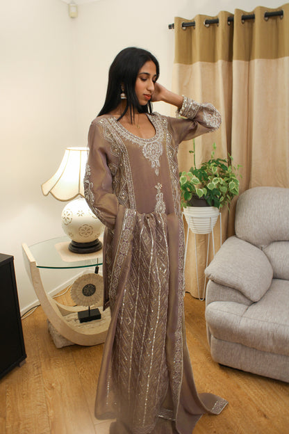 Mauve Tissue Suit with Pearl Work & Furshi Salwar