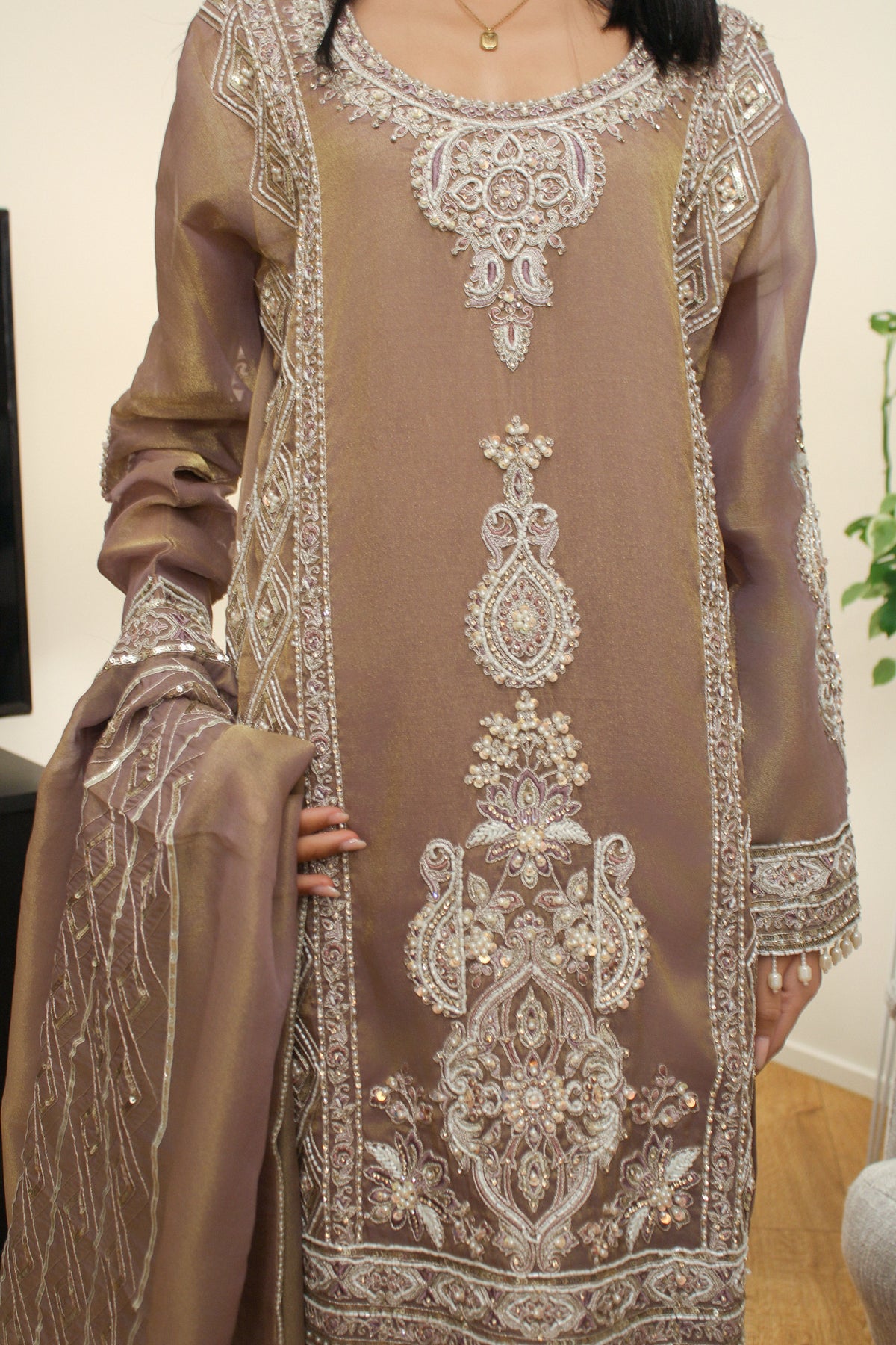 Mauve Tissue Suit with Pearl Work & Furshi Salwar