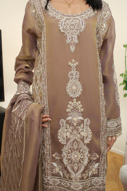 Mauve Tissue Suit with Pearl Work & Furshi Salwar