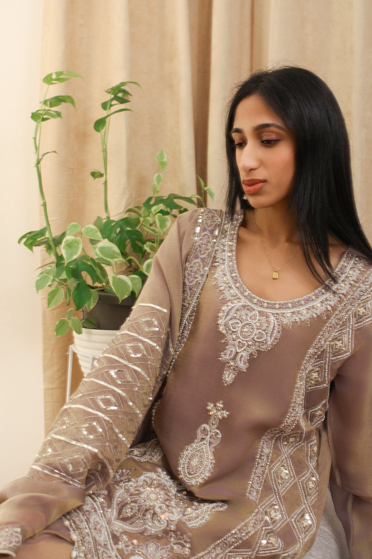 Mauve Tissue Suit with Pearl Work & Furshi Salwar