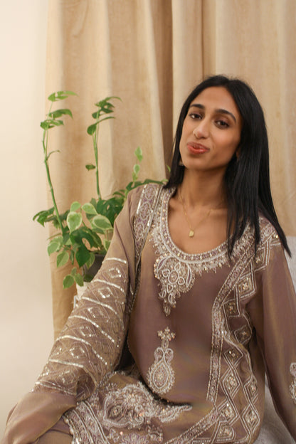 Mauve Tissue Suit with Pearl Work & Furshi Salwar