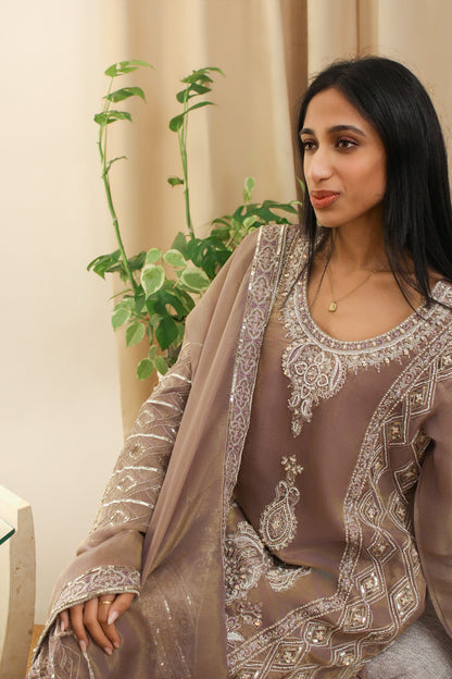 Mauve Tissue Suit with Pearl Work & Furshi Salwar