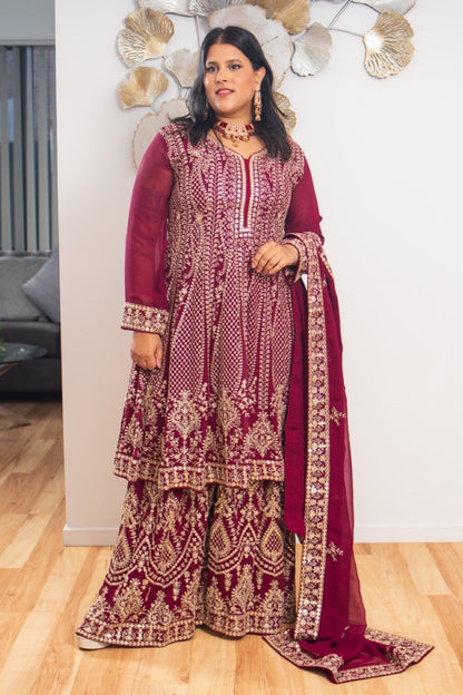 Maroon Gold Thread Work Sharara Set