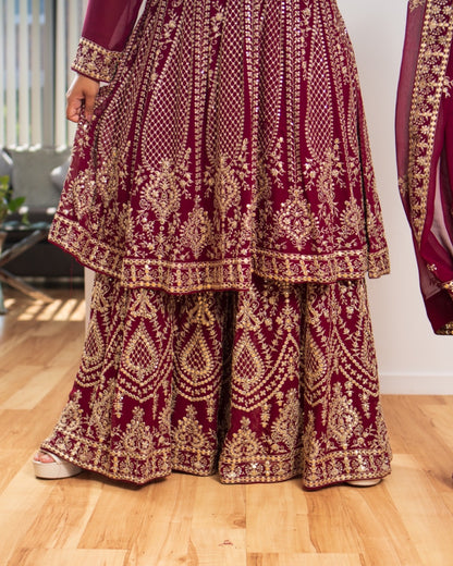 Maroon Gold Thread Work Sharara Set