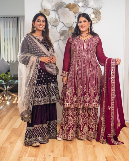Maroon Gold Thread Work Sharara Set